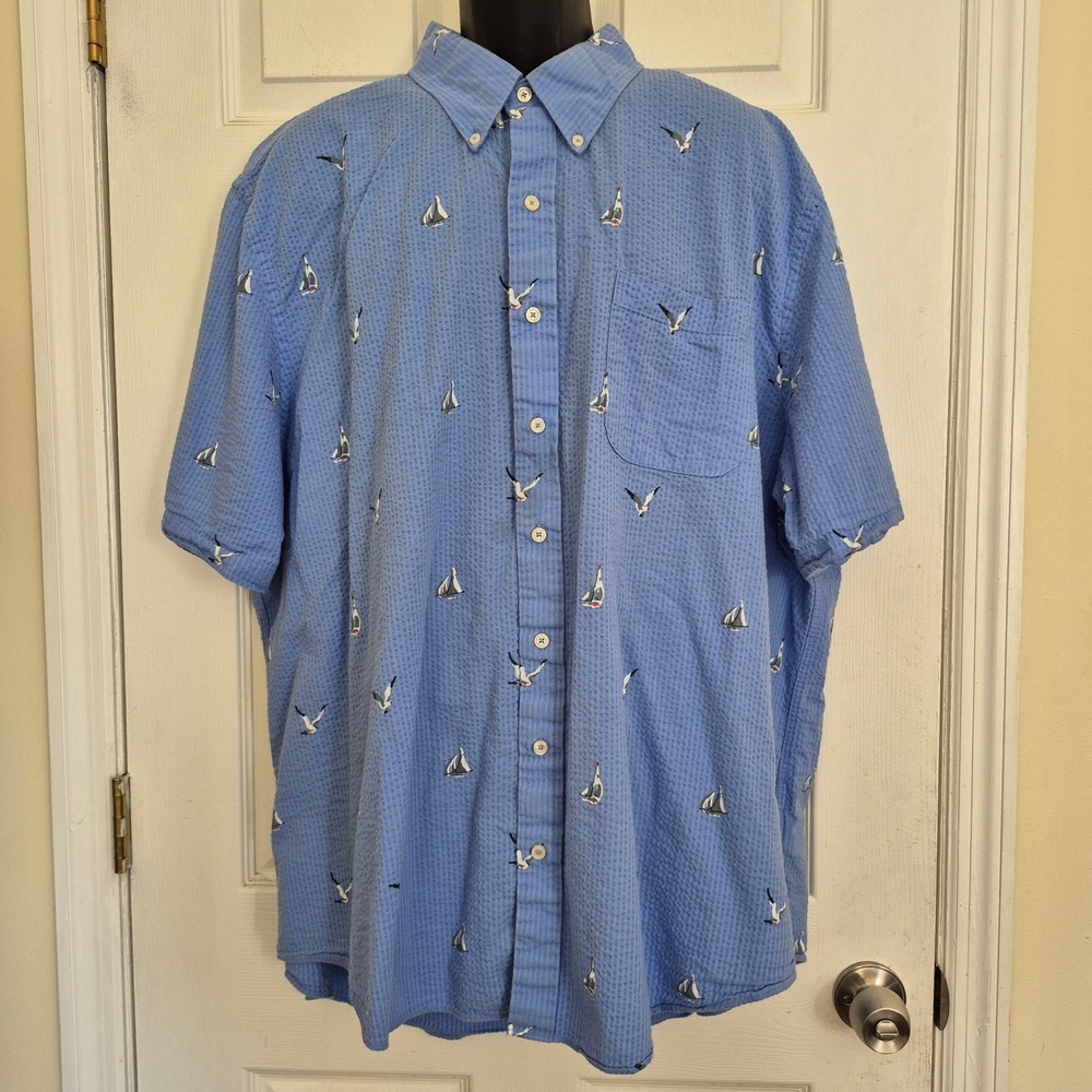Brooks Brothers Mens 3XL Blue Seersucker Sailboat Seagull Button Down Shirt